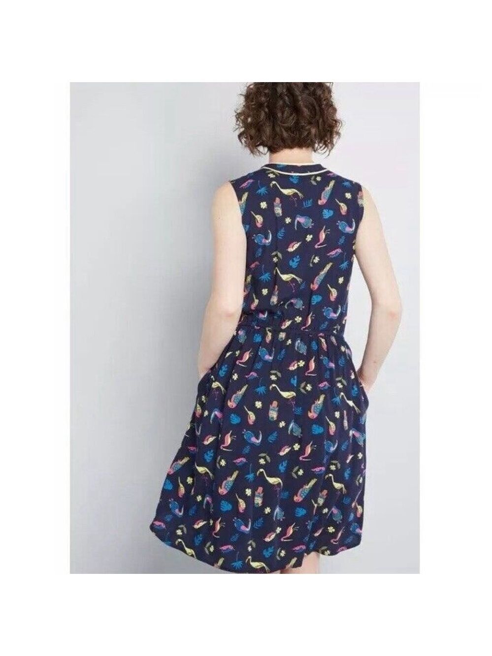 ModCloth Dress Novelty Navy Blue Cafe Au Soleil Tropical Birds Sleeveless Medium - Picture 3 of 14